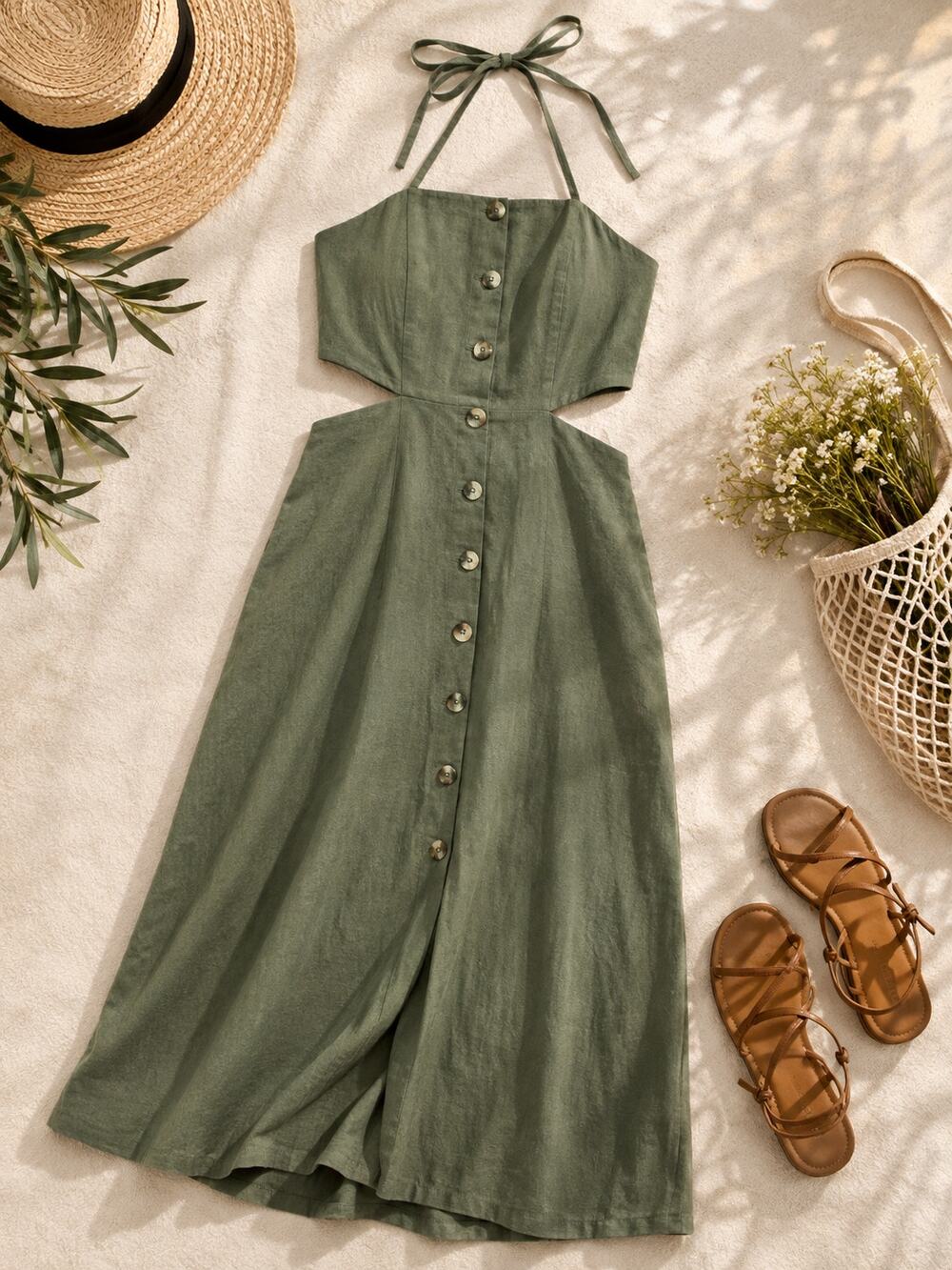 Urban Outfitters Midi Linen Blend Halter Dress Green Tie Back Women's Small